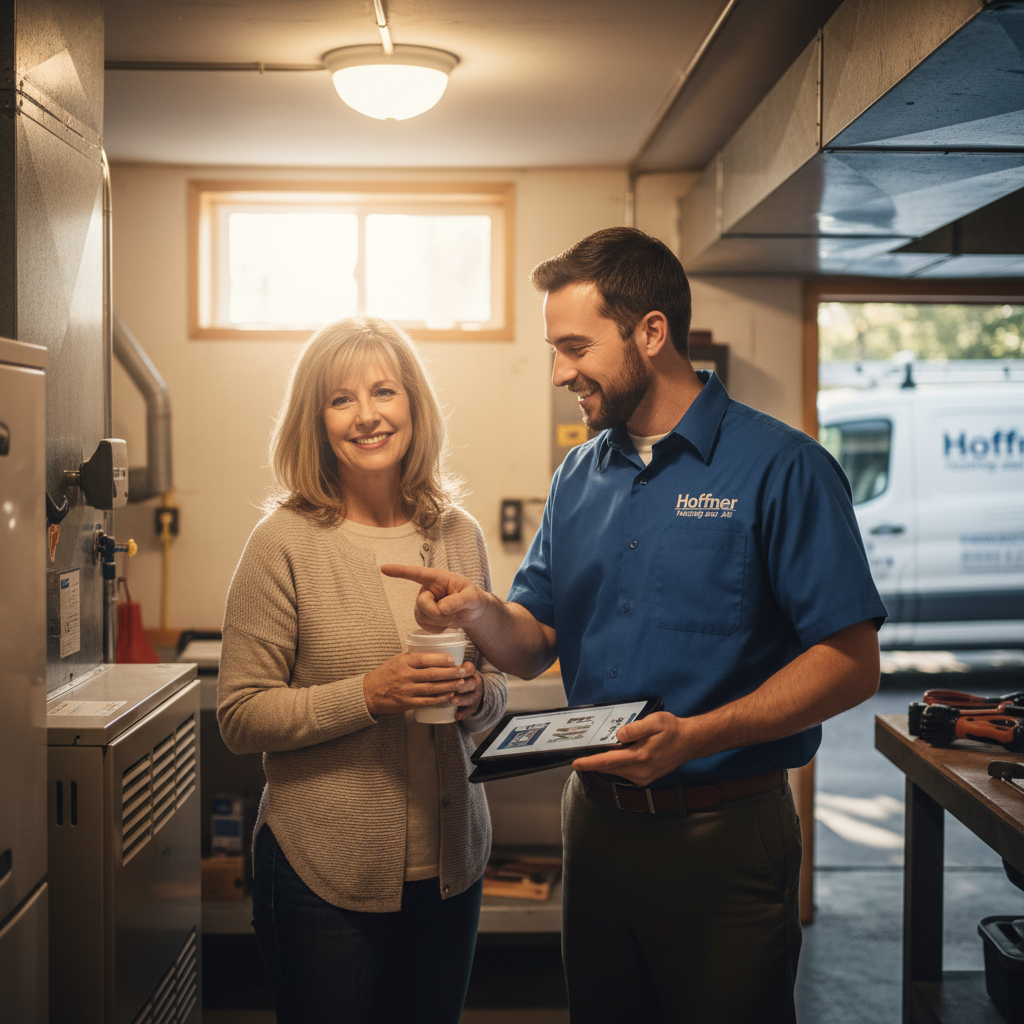 Hoffner Heating and Air technician discussing heating options with a homeowner in Pitcairn, PA.