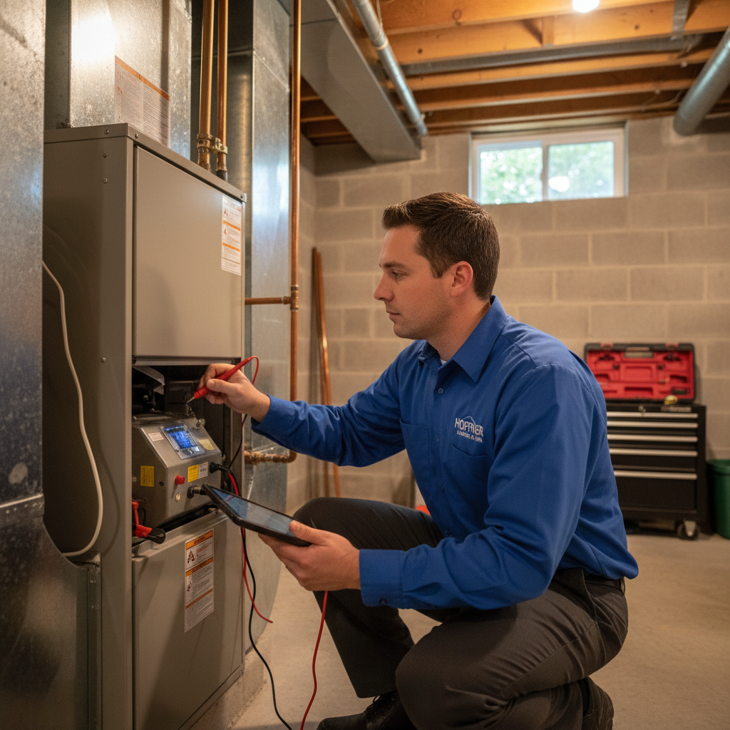 Hoffner Heating and Air technician expertly checking a furnace in a Murrysville, Western Pennsylvania home, ensuring optimal heating.