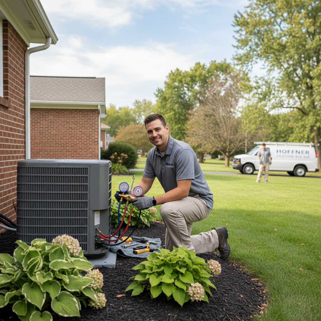 Hoffner Heating and Air technician expertly checking an outdoor AC unit in a residential backyard in Murrysville, Western Pennsylvania.