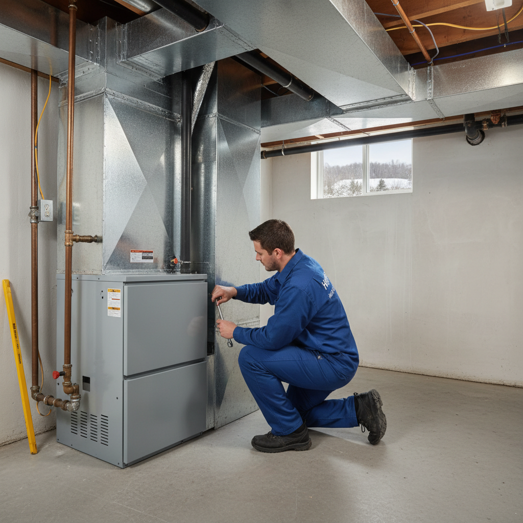 Hoffner Heating and Air technician expertly installing a new furnace in a Western Pennsylvania home.