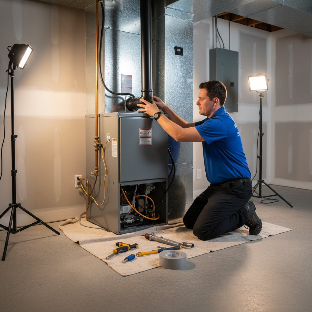 Hoffner Heating and Air technician expertly installing a new furnace in a Murrysville, PA home's basement.