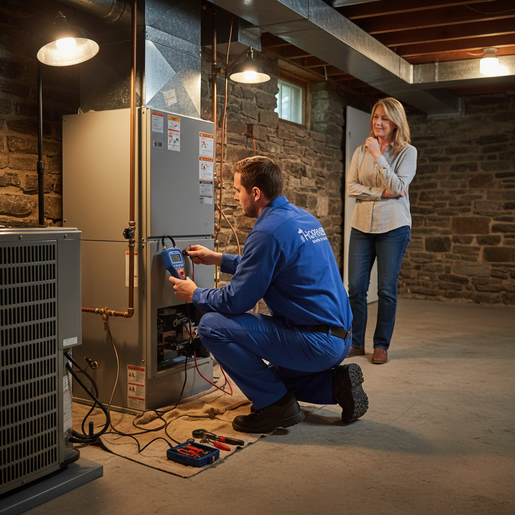 Hoffner Heating and Air technician expertly maintaining a furnace in a Western Pennsylvania home.