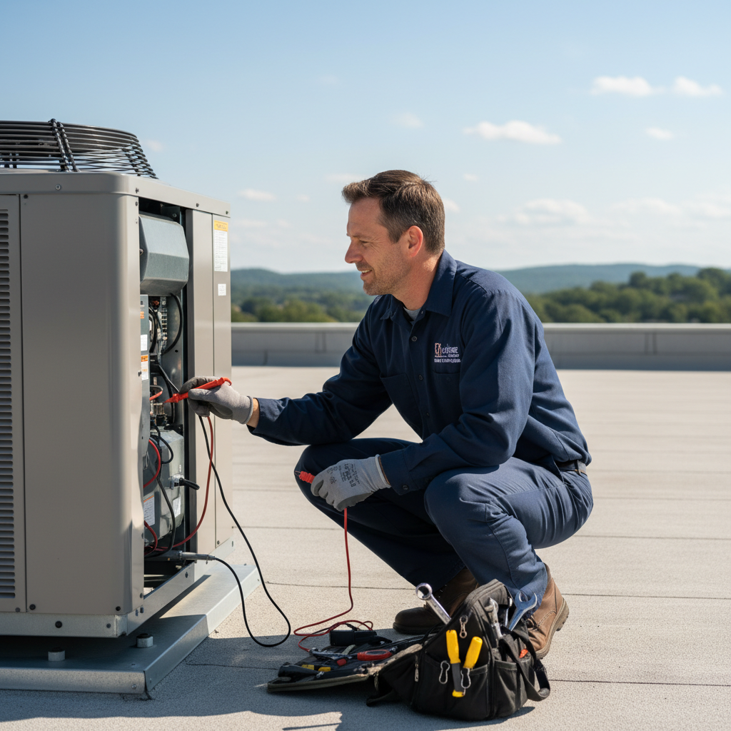 Hoffner Heating and Air technician inspecting a commercial HVAC system in Western Pennsylvania, providing quality service.