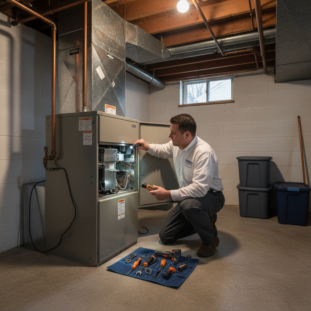 Hoffner Heating and Air technician inspecting a furnace in a Pitcairn, Western Pennsylvania home.
