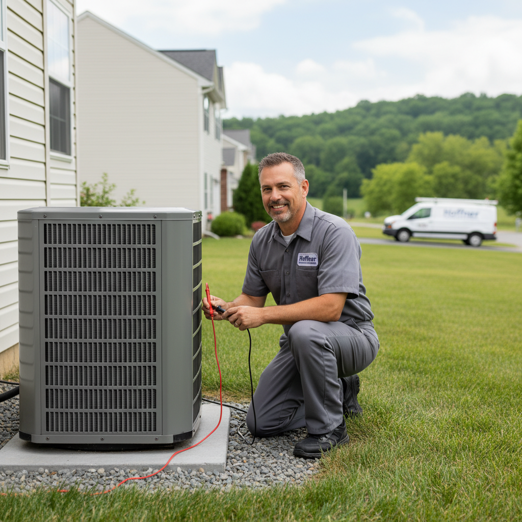 Hoffner Heating and Air technician inspecting an AC unit outside a home in Monroeville, Western Pennsylvania.