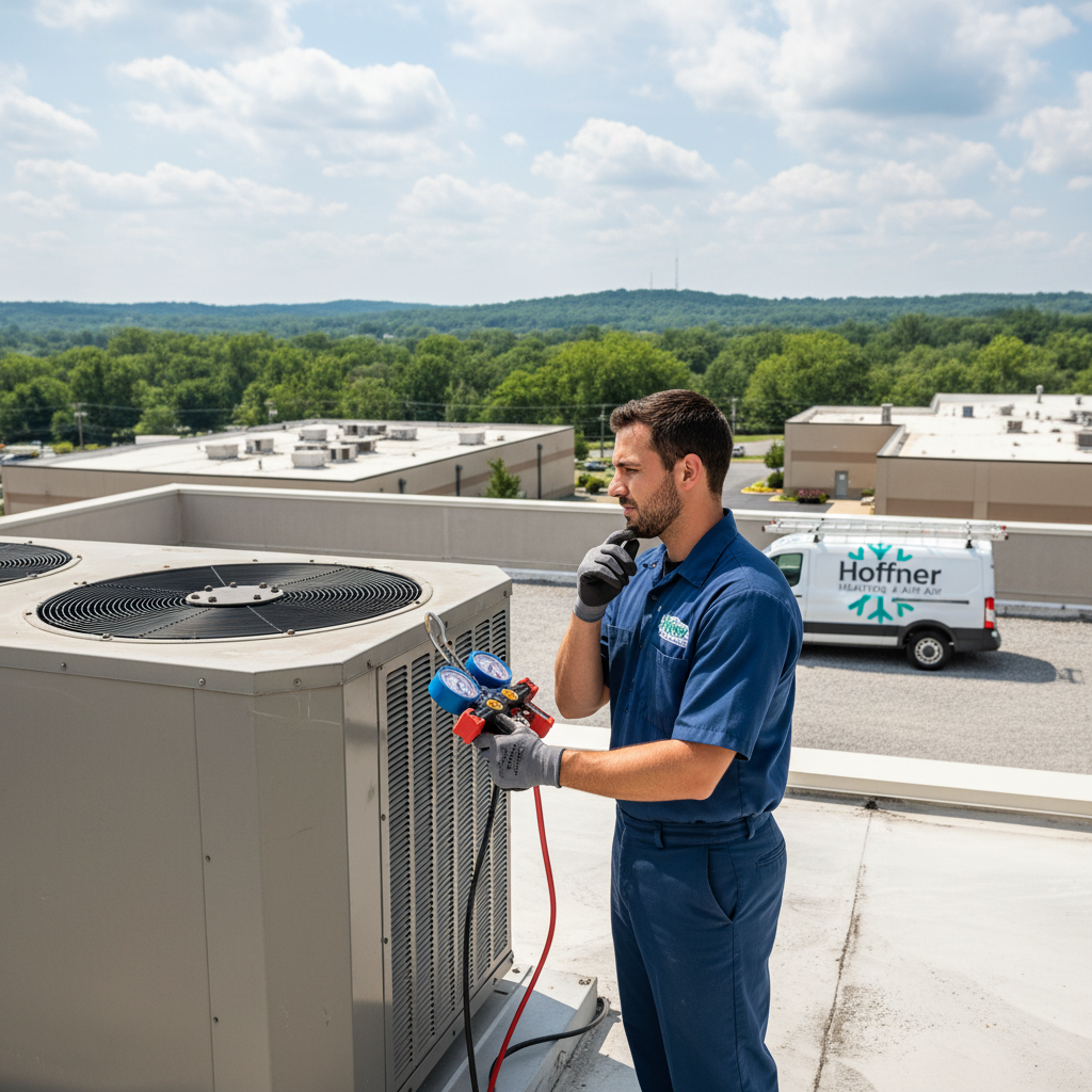 Hoffner Heating and Air technician inspecting an HVAC system in a Pitcairn, PA business.