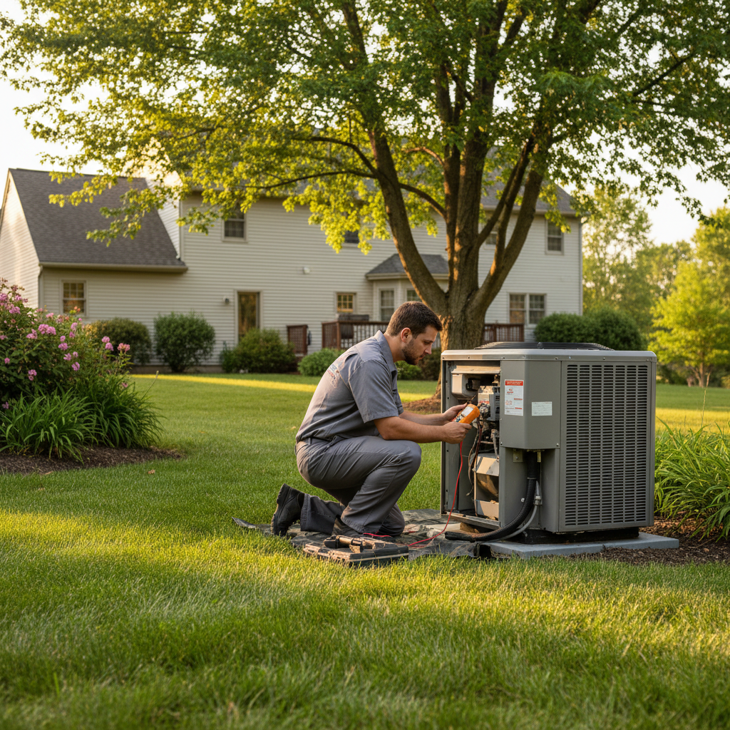 Hoffner Heating and Air technician inspecting an outdoor AC unit in Murrysville, Western Pennsylvania.