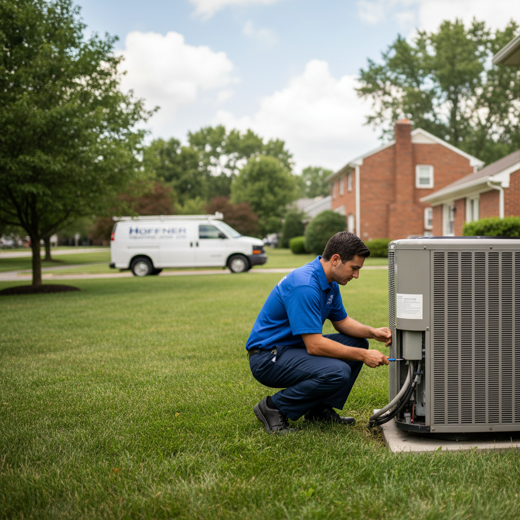 Hoffner Heating and Air technician inspecting an outdoor AC unit in a Murrysville, Western Pennsylvania home backyard.