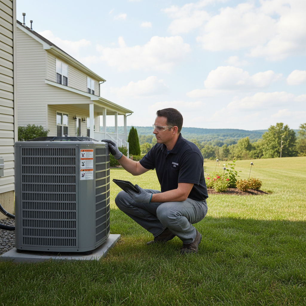 Hoffner Heating and Air technician inspecting an outdoor AC unit for reliable service in Western Pennsylvania including Pitcairn, Monroeville, Murrysville.