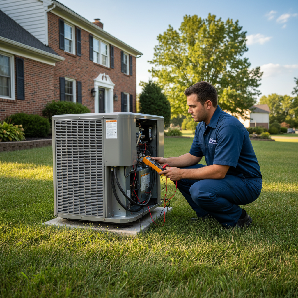 Hoffner Heating and Air technician inspecting an outdoor AC unit in Monroeville, Western Pennsylvania.