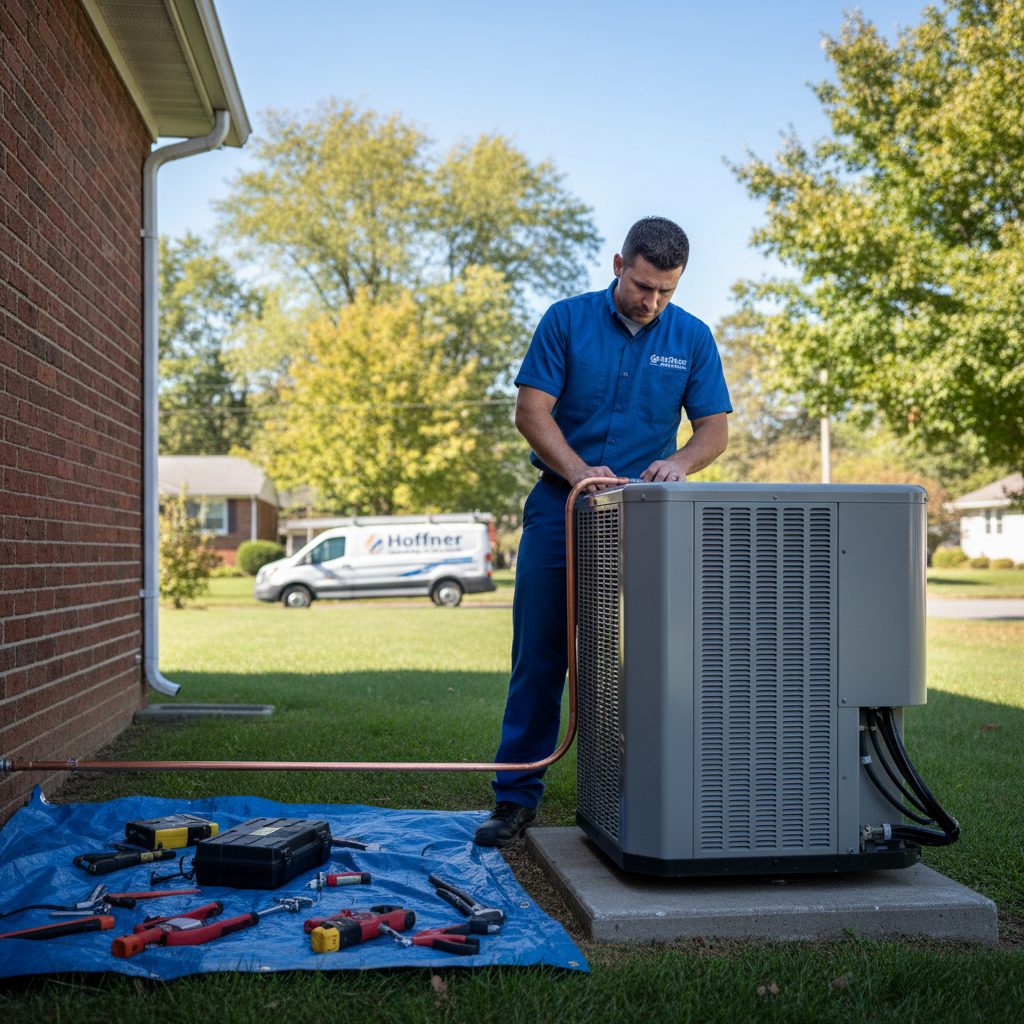 Hoffner Heating and Air technician installing a new air conditioning unit in a Pitcairn, PA residence.