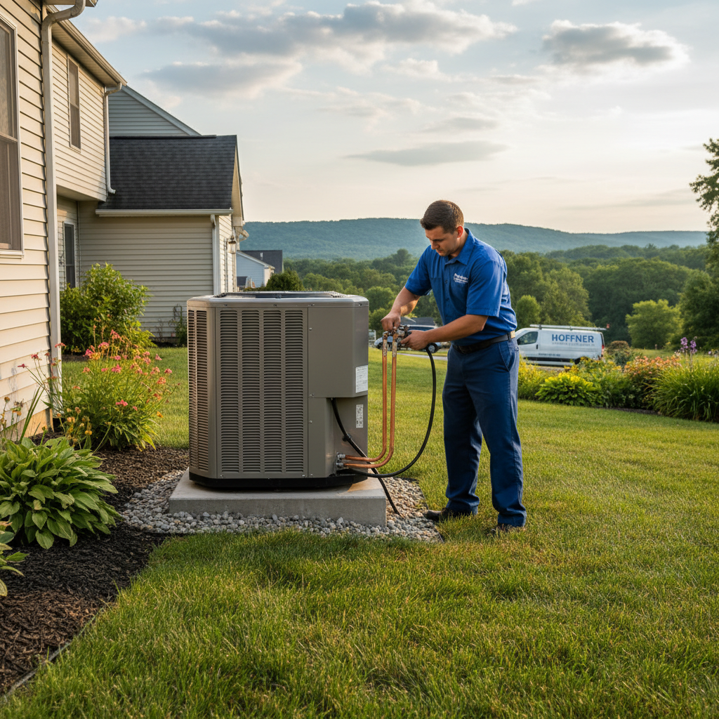 Hoffner Heating and Air technician installing a new air conditioning unit in Monroeville, Western Pennsylvania.
