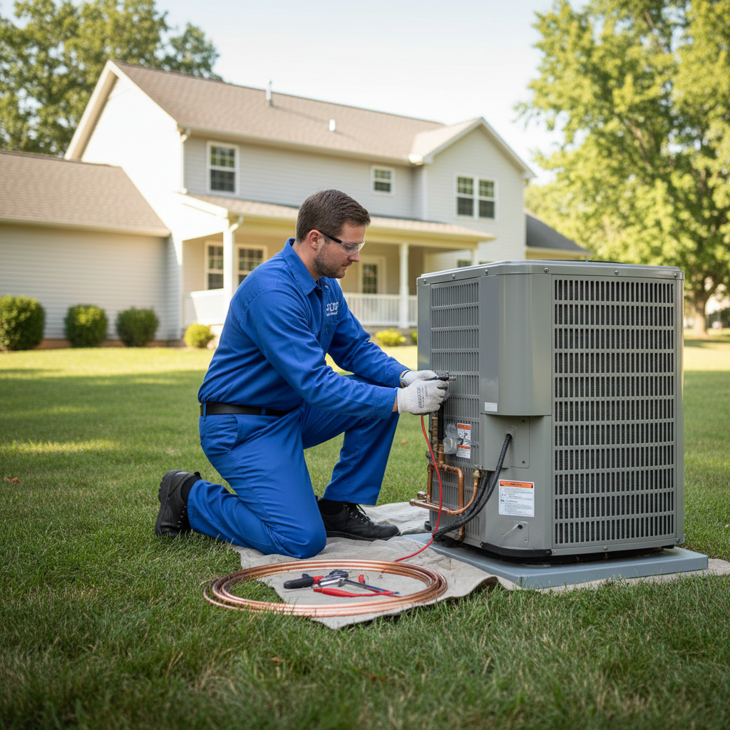 Hoffner Heating and Air technician installing a new air conditioning unit in Murrysville, Western Pennsylvania.