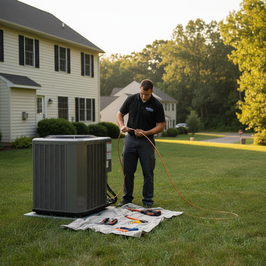 Hoffner Heating and Air technician installing a new air conditioning unit in a residential home in Monroeville, PA.