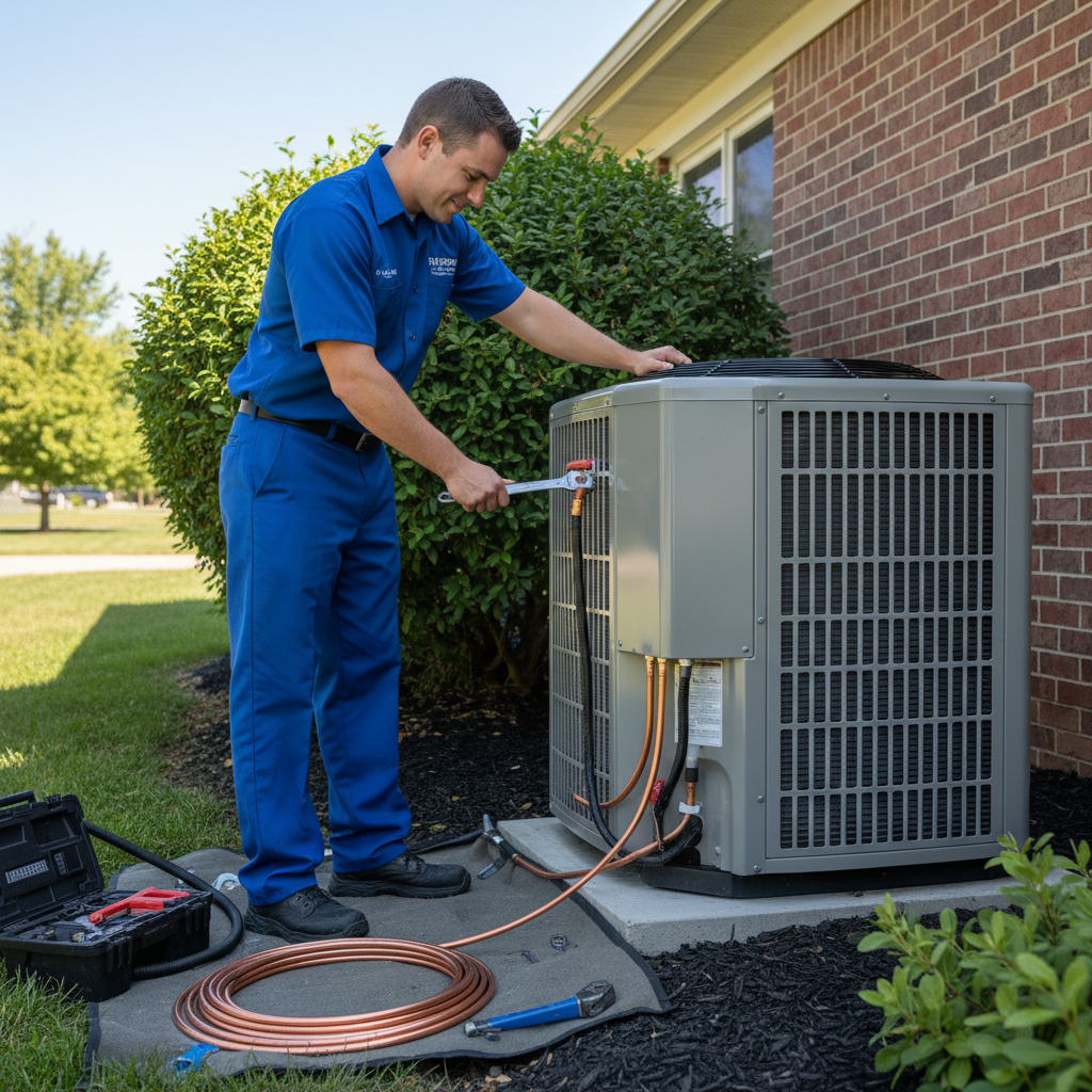 Hoffner Heating and Air technician installing a new air conditioner unit in Murrysville, Western Pennsylvania.