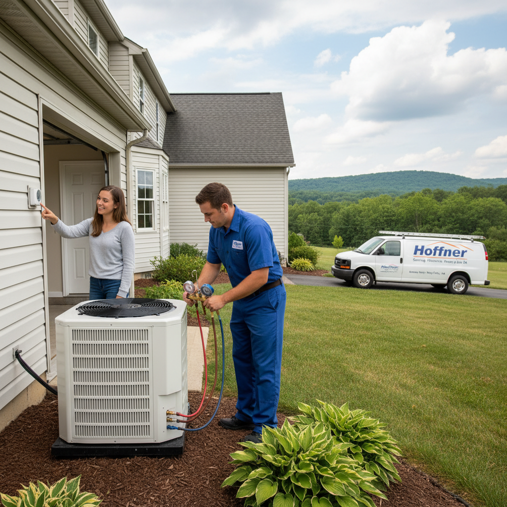 Hoffner Heating and Air technician installing a new air conditioning unit in Monroeville, Western Pennsylvania.