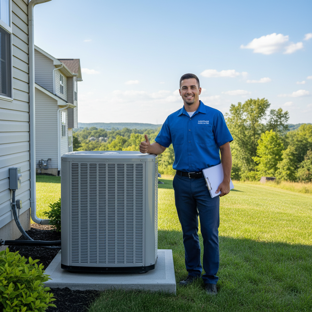 Hoffner Heating and Air technician installing a new air conditioning unit in Murrysville, Western Pennsylvania.