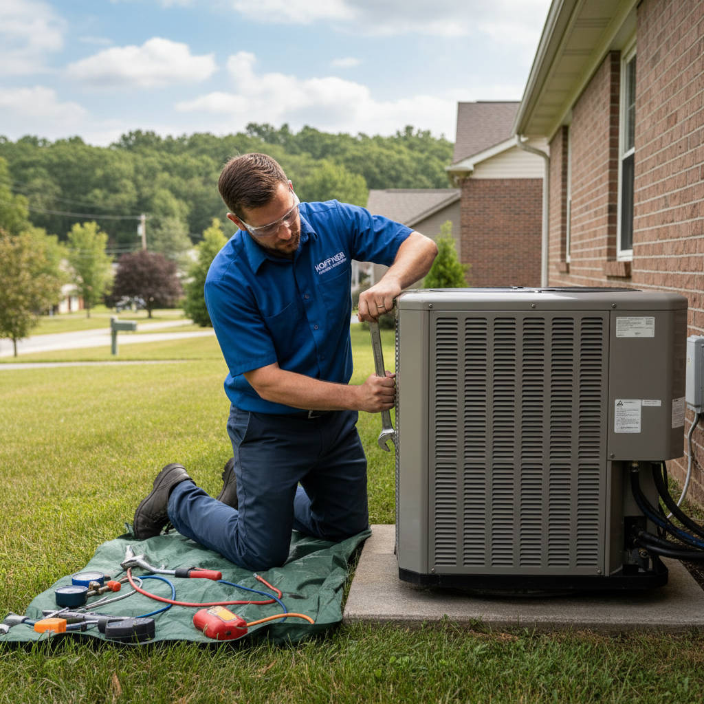 Hoffner Heating and Air technician installing a new air conditioning unit in Murrysville, Western Pennsylvania.