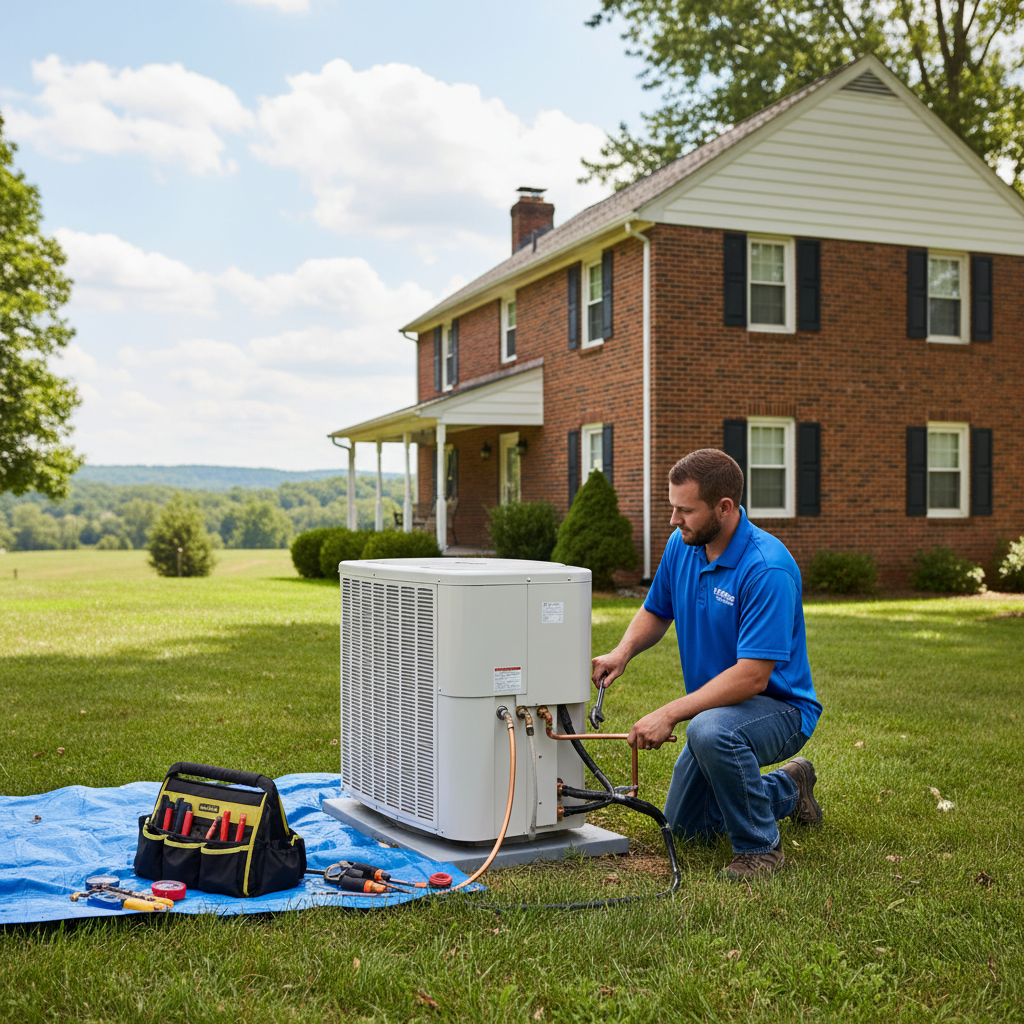 Hoffner Heating and Air technician installing a new air conditioning unit outside a home in Pitcairn, Western Pennsylvania.