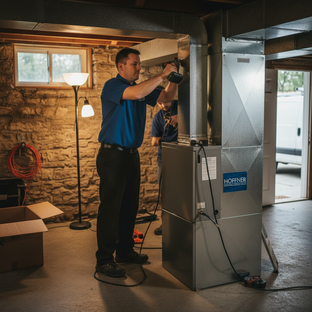 Hoffner Heating and Air technician installing a new furnace in a Murrysville, Western Pennsylvania basement.