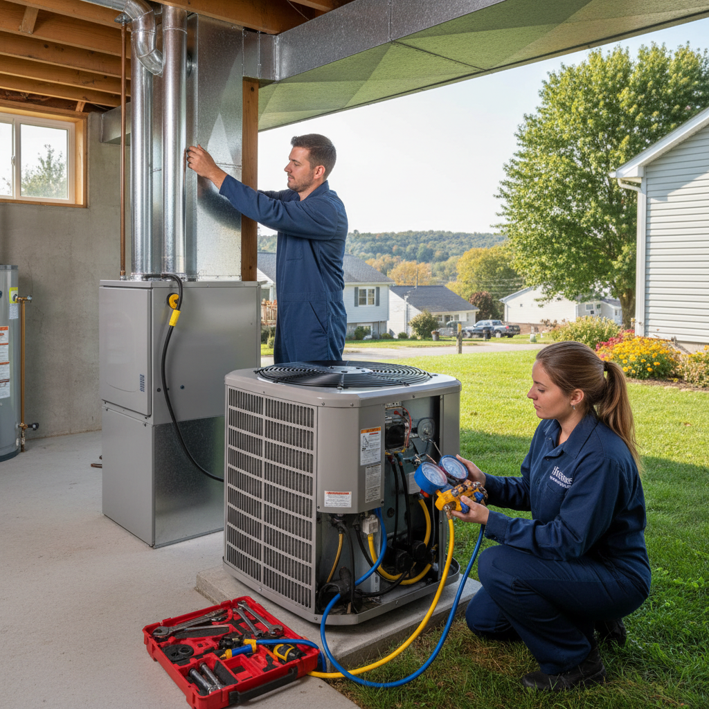 Hoffner Heating and Air technician installing a new furnace in a Western Pennsylvania home.