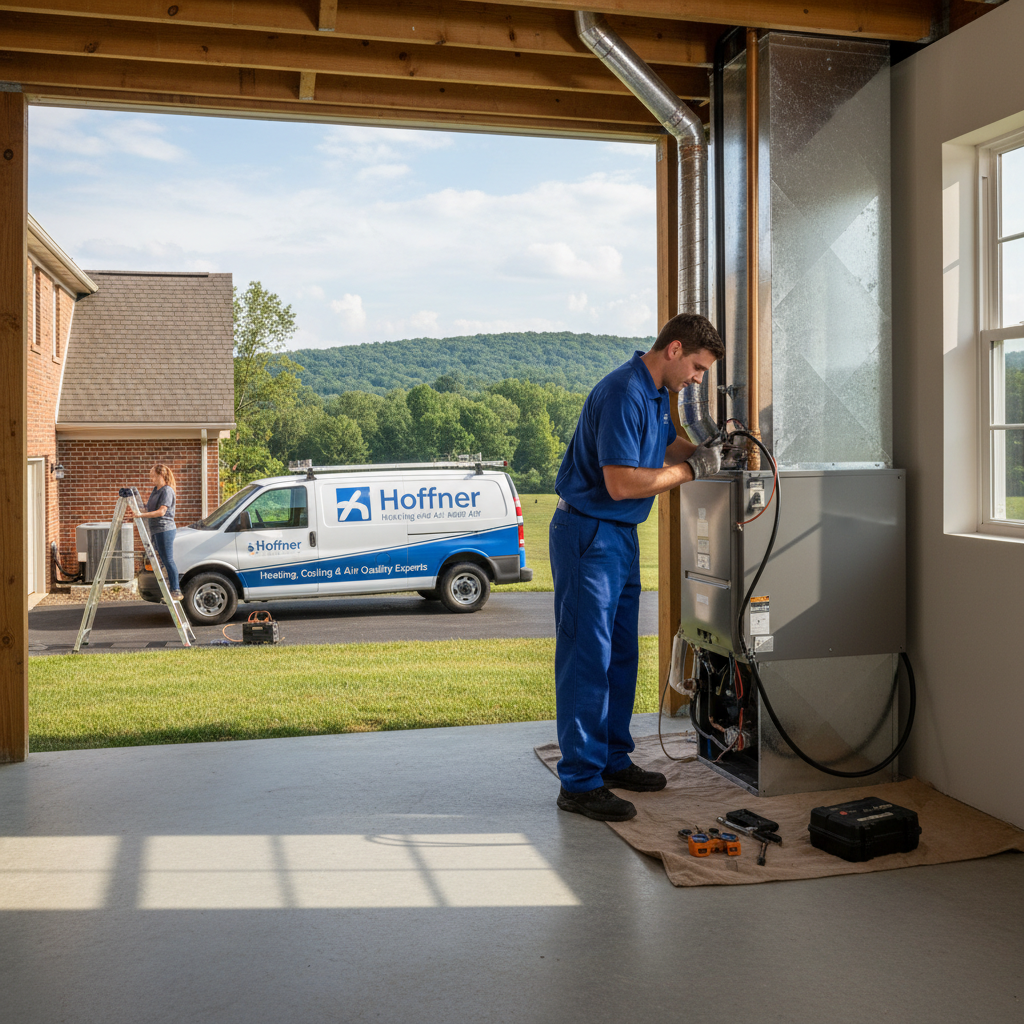 Hoffner Heating and Air technician installing a new furnace in a Western Pennsylvania home.