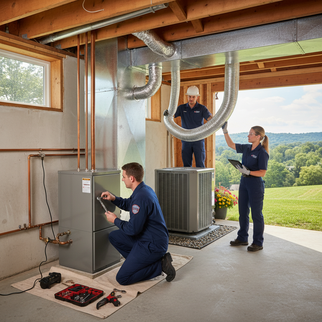 Hoffner Heating and Air technician installing a new furnace in a Pitcairn, PA home.
