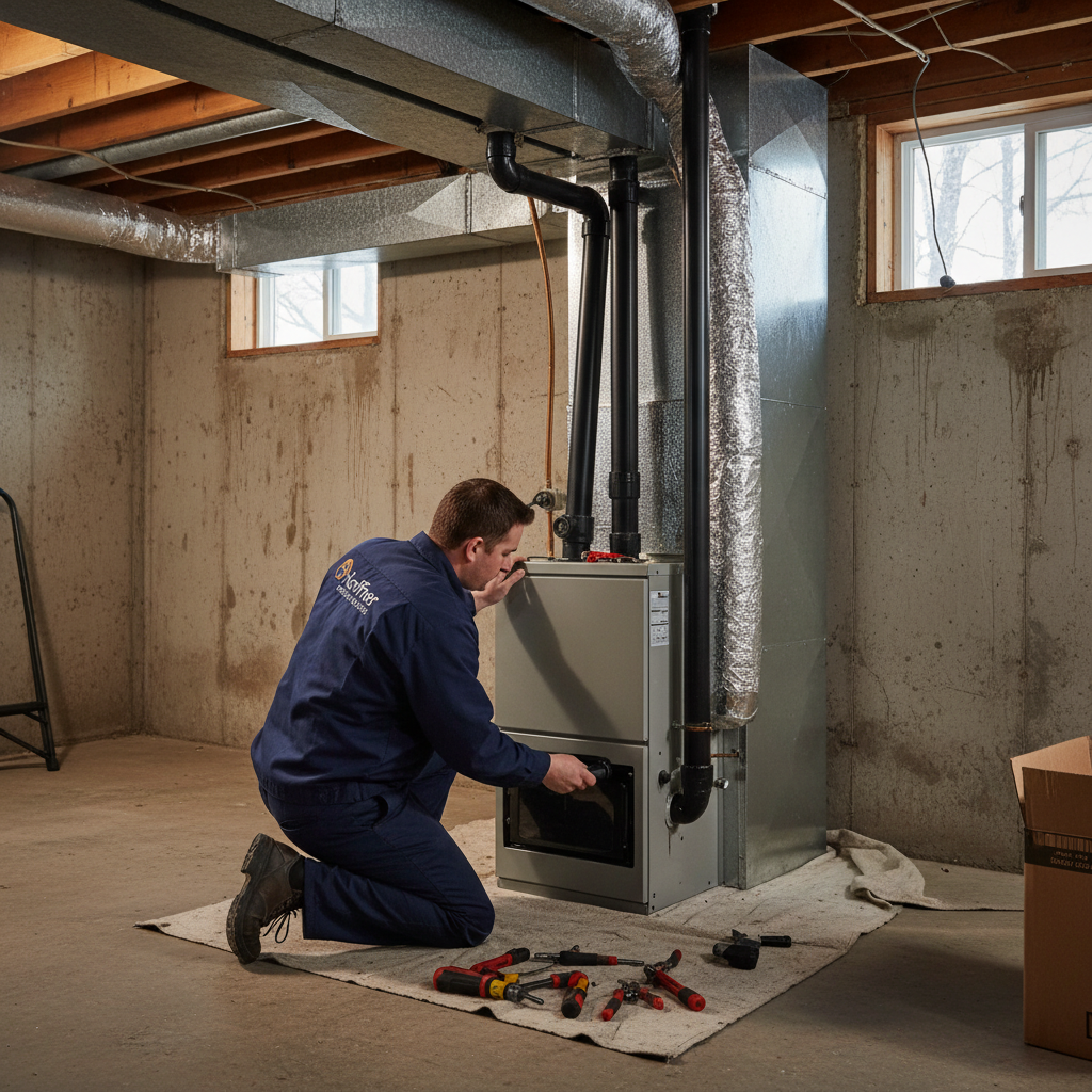 Hoffner Heating and Air technician installing a new furnace in a Pitcairn, PA home.