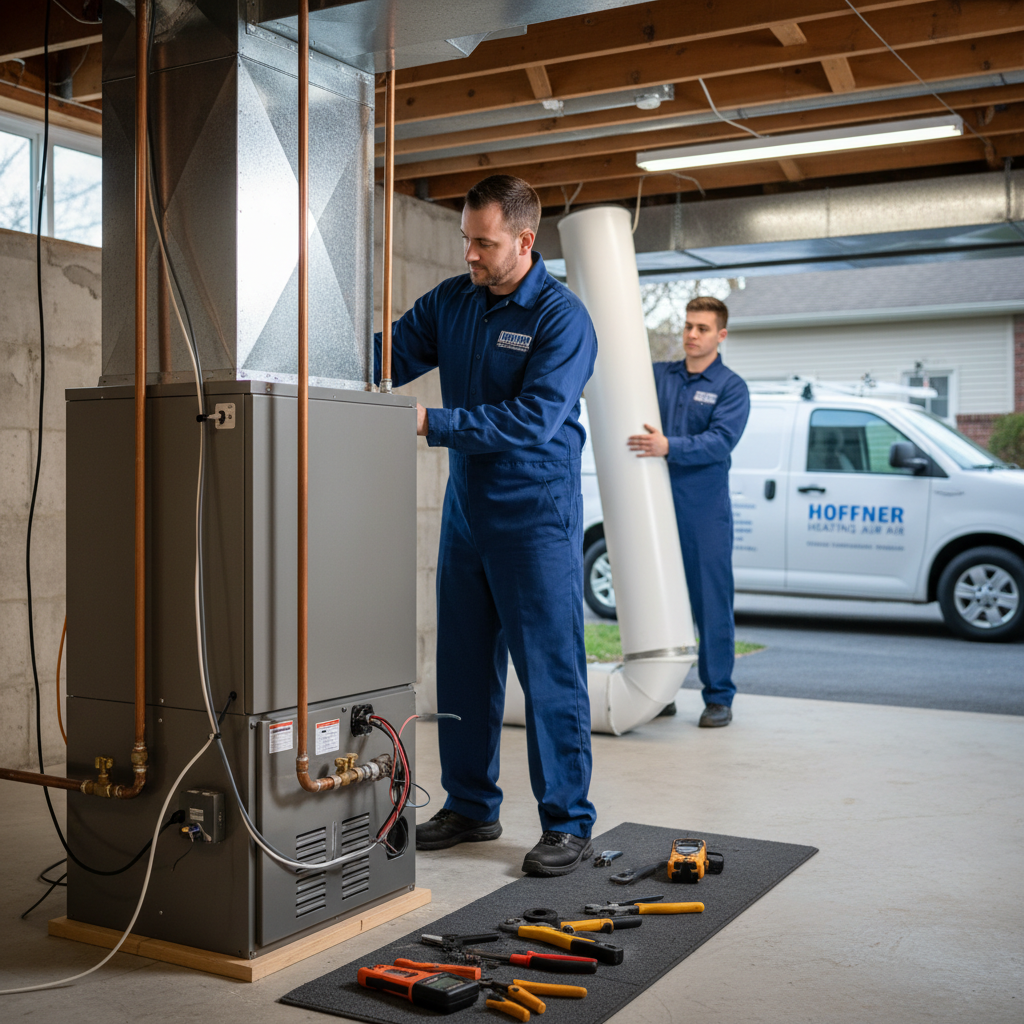 Hoffner Heating and Air technician installing a new furnace in a Murrysville, Western Pennsylvania home.