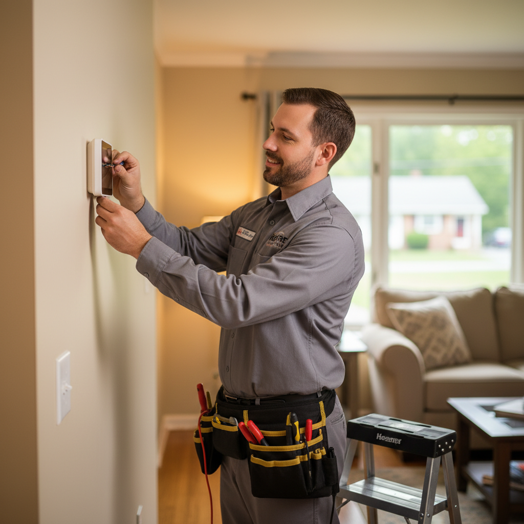 Hoffner Heating and Air technician installing a new thermostat in a Murrysville, Western Pennsylvania residence.