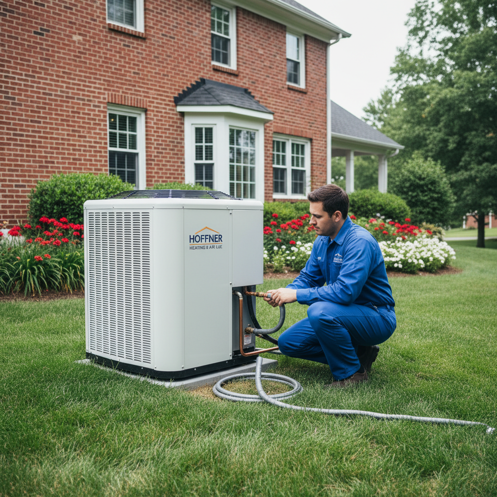 Hoffner Heating and Air technician installing an outdoor AC unit in a Monroeville, PA backyard.