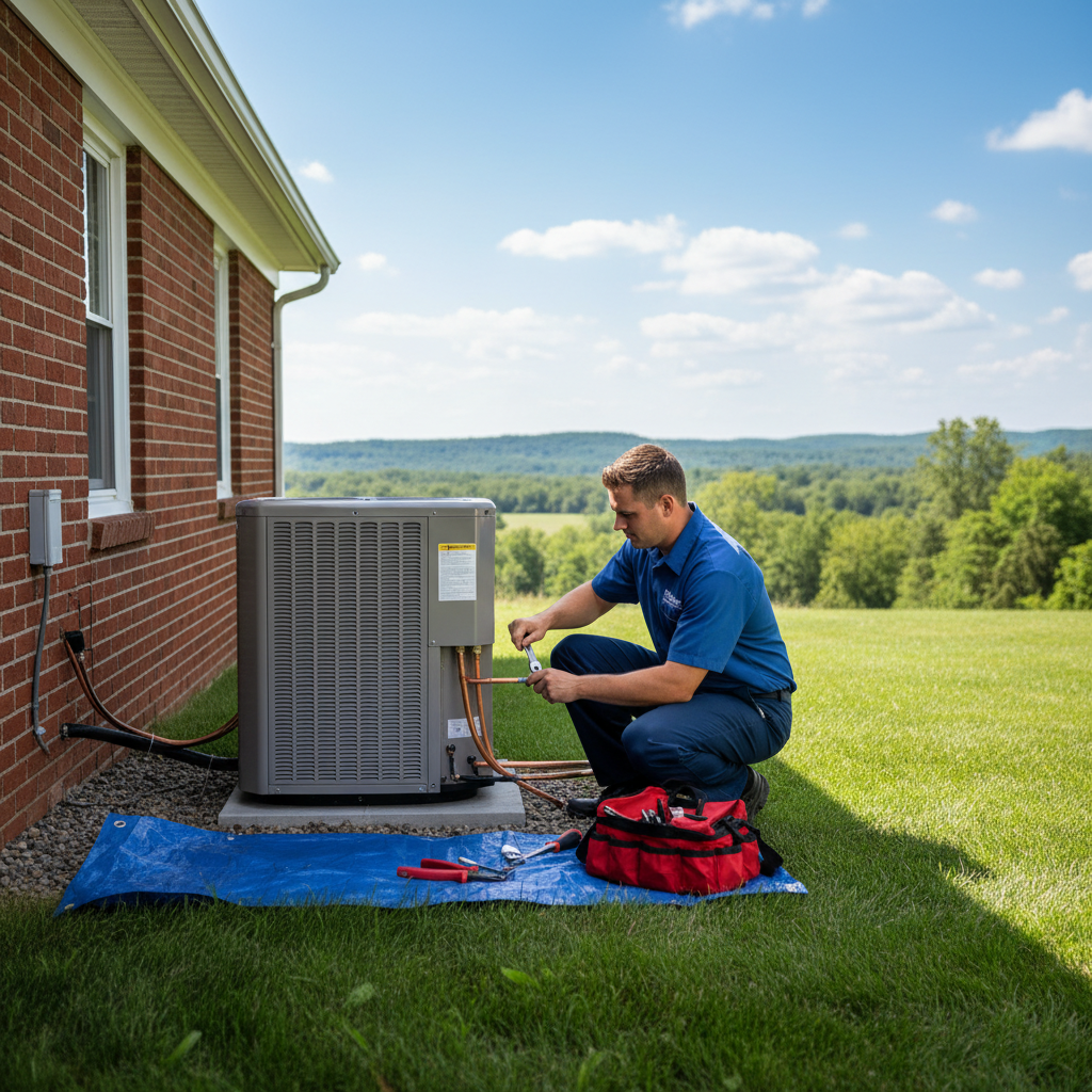 Hoffner Heating and Air technician installing an outdoor AC unit in Western Pennsylvania.