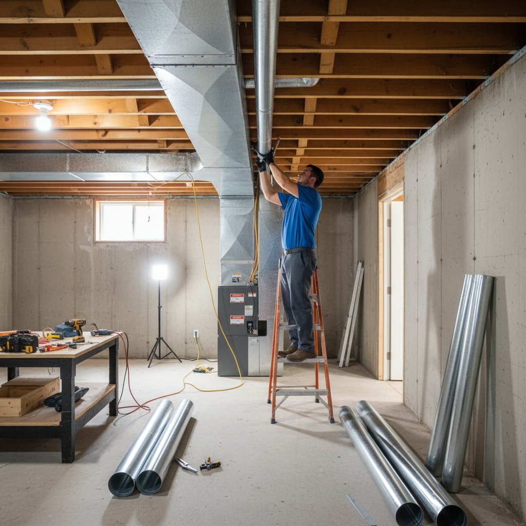 Hoffner Heating and Air technician installing new HVAC ductwork in a Monroeville, PA home.