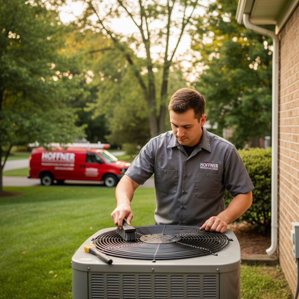 Hoffner Heating and Air technician performing AC maintenance in a Murrysville, Western Pennsylvania home.
