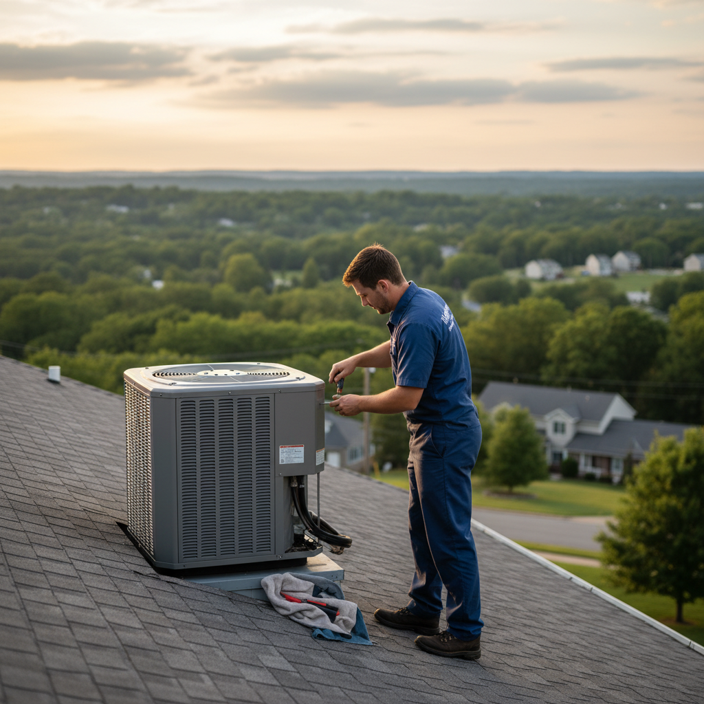 Hoffner Heating and Air technician performing AC maintenance in a Murrysville, PA residence.