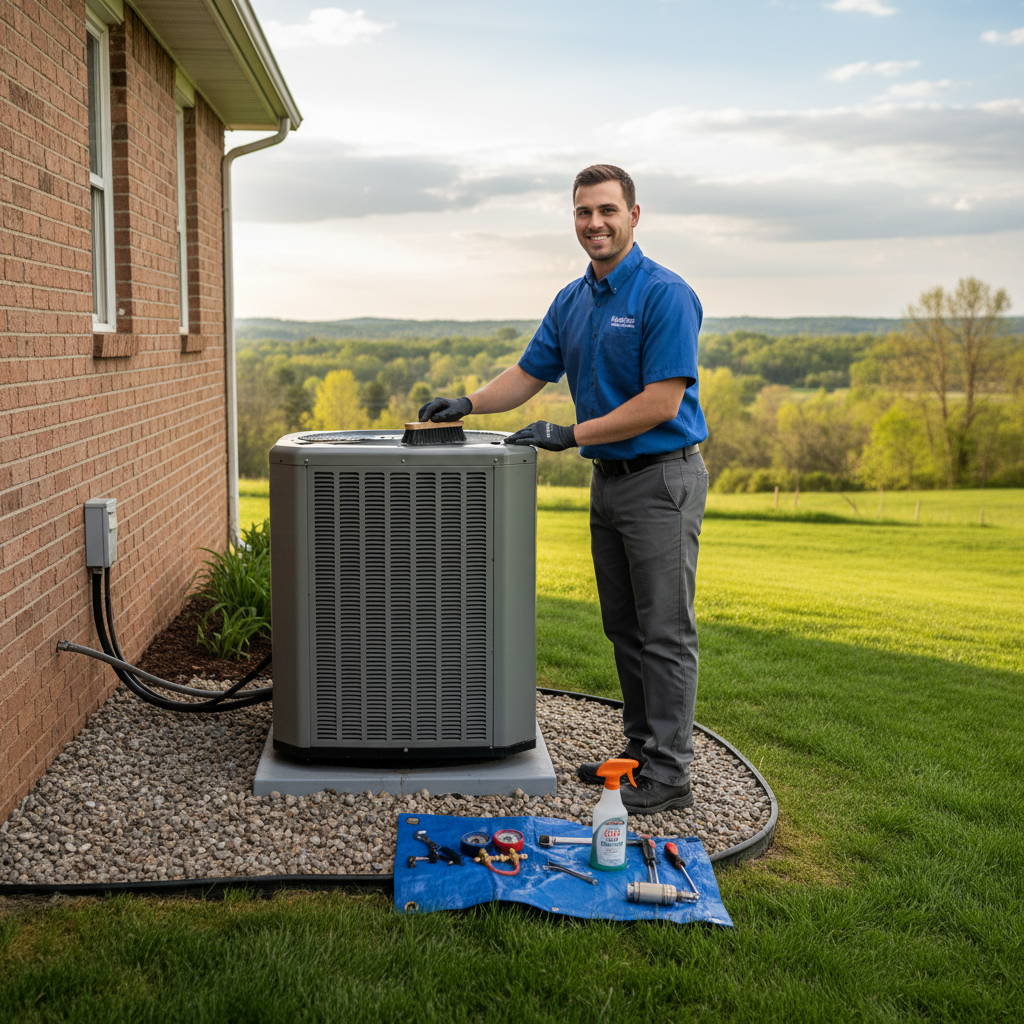 Hoffner Heating and Air technician performing AC maintenance in Murrysville, Western Pennsylvania.