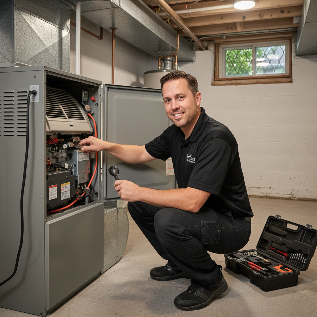 Hoffner Heating and Air technician performing AC repair in a residential Western Pennsylvania backyard.