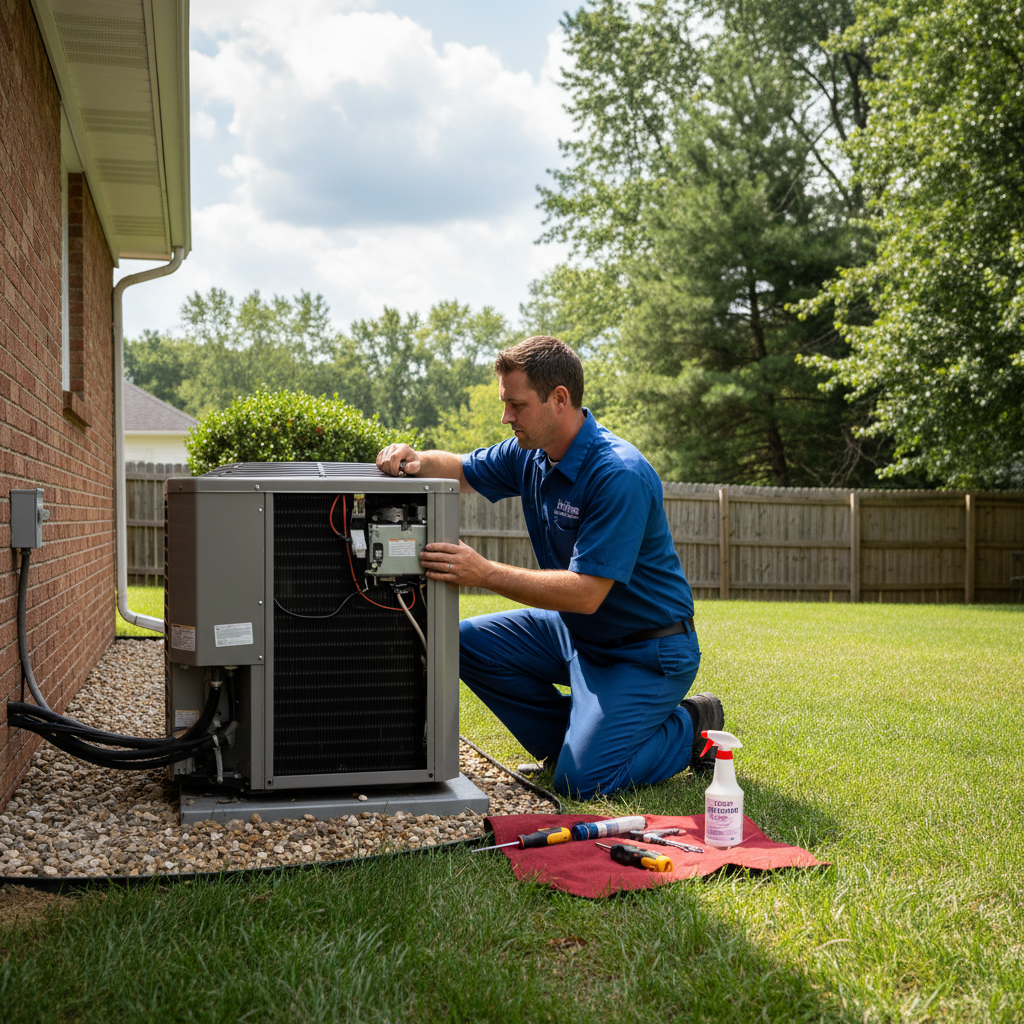 Hoffner Heating and Air technician performing AC repair in a Monroeville, PA backyard.