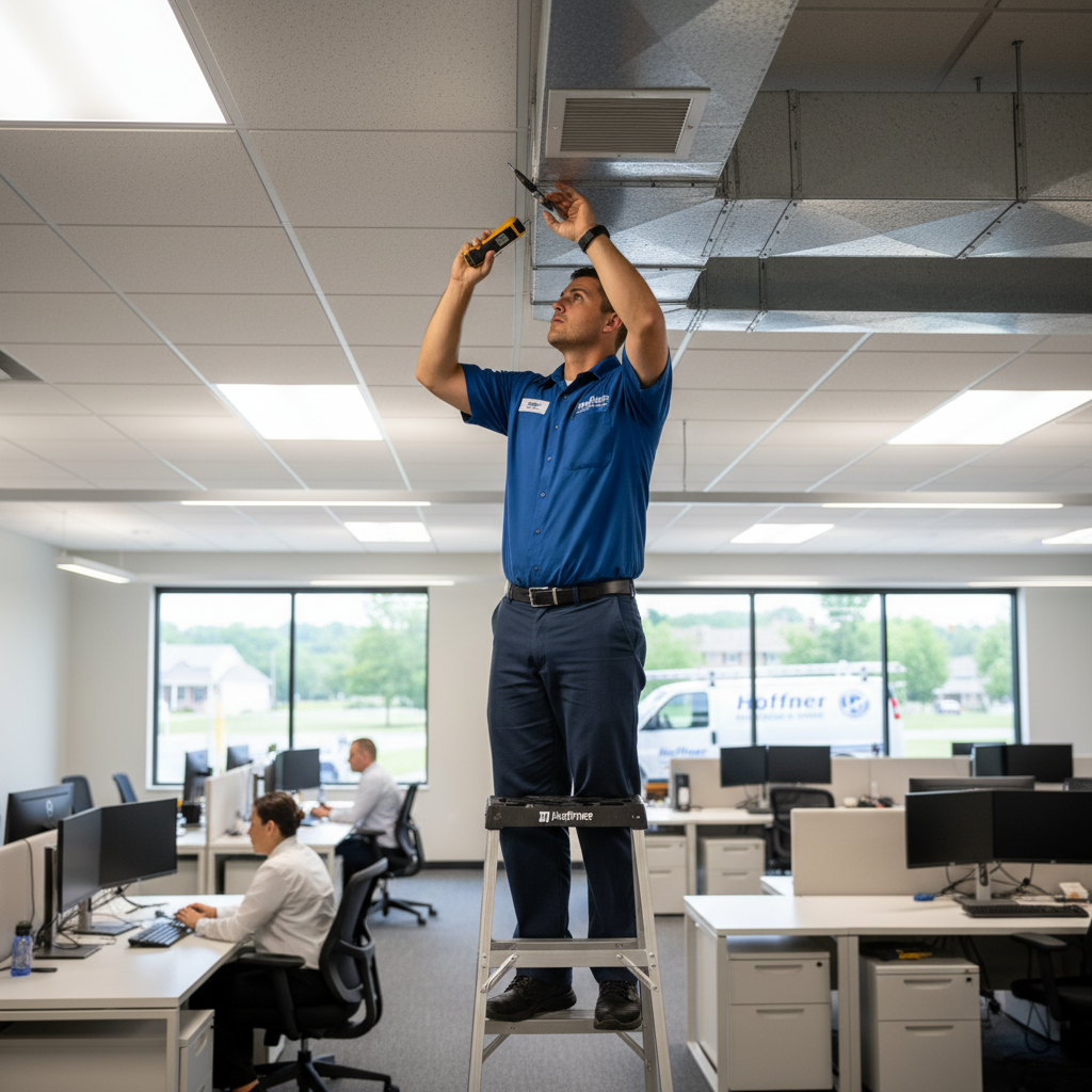 Hoffner Heating and Air technician performing HVAC maintenance in a Monroeville, PA business.