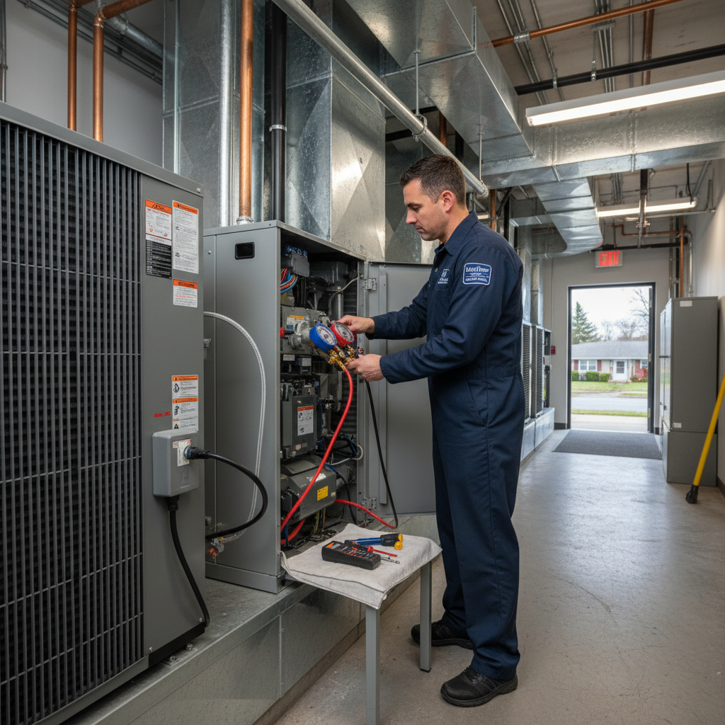 Hoffner Heating and Air technician performing HVAC maintenance in a Monroeville, PA business.