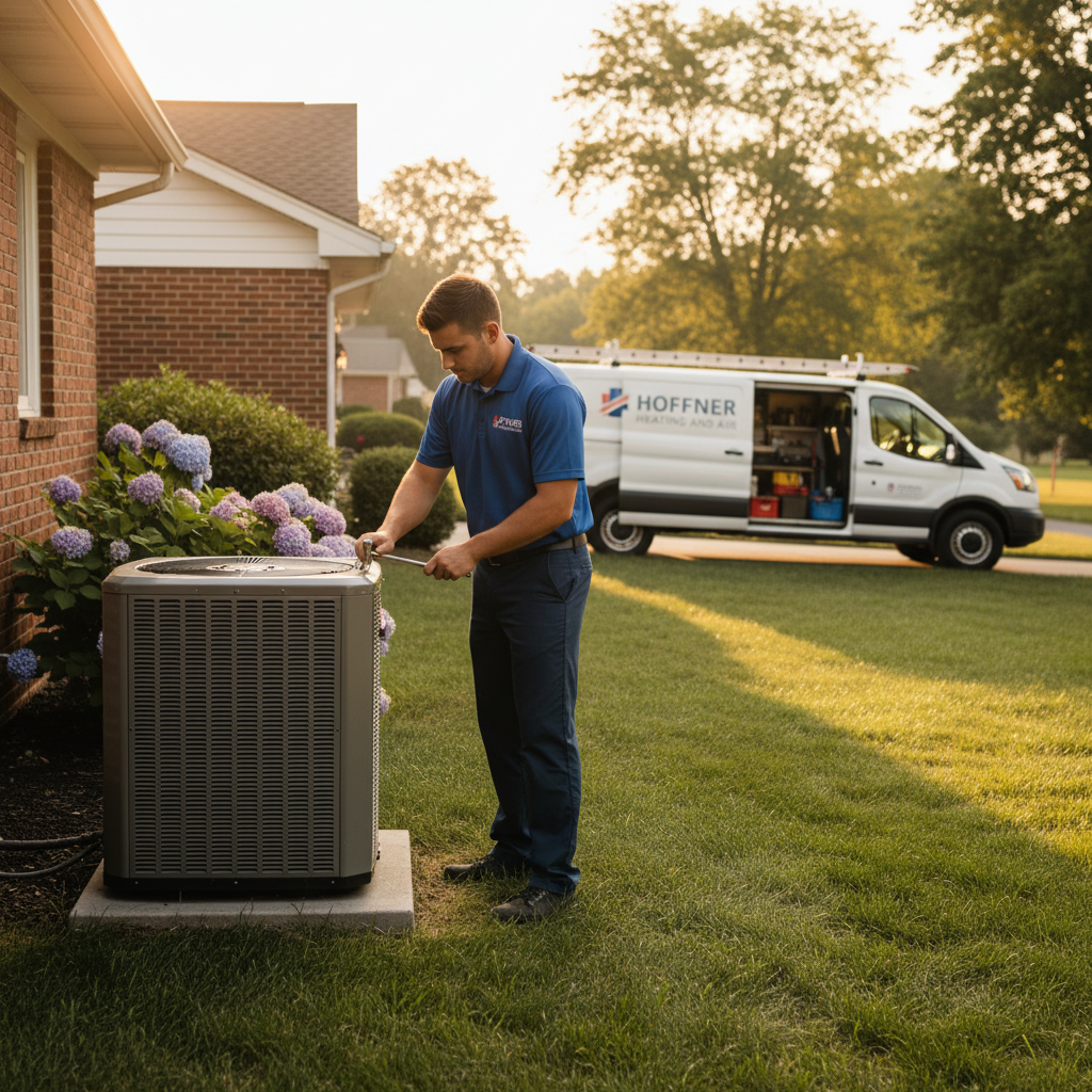 Hoffner Heating and Air technician performing HVAC maintenance on an outdoor unit in Murrysville, PA.