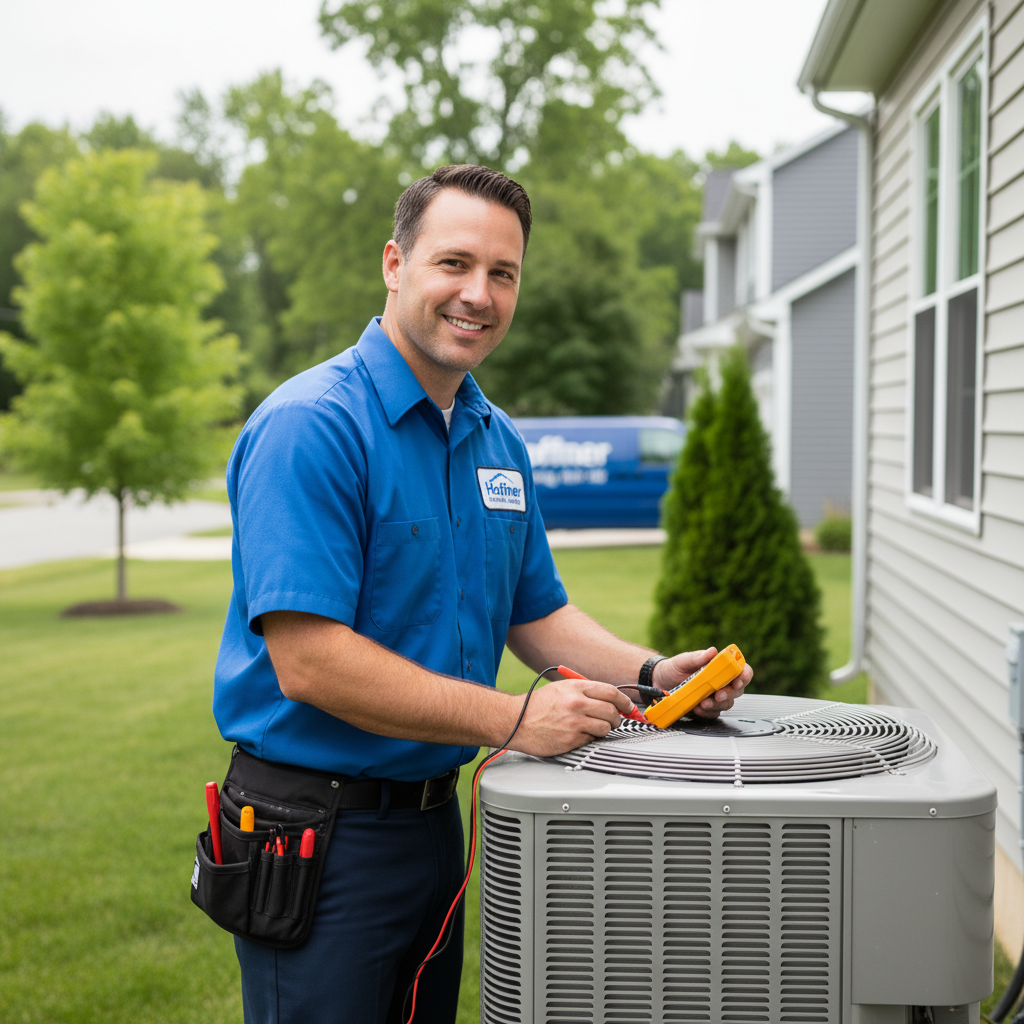 Hoffner Heating and Air technician performing HVAC maintenance on a residential unit in Monroeville, Western Pennsylvania.