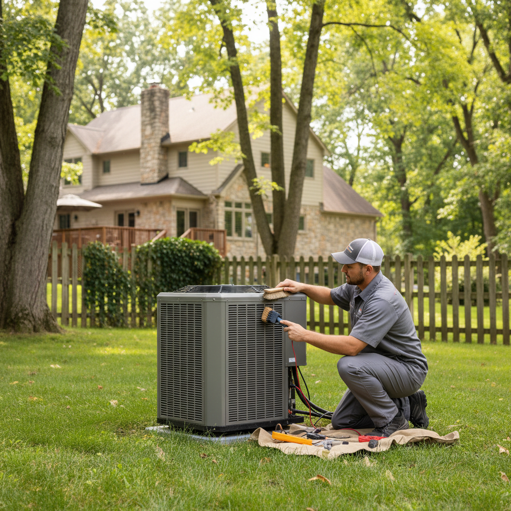 Hoffner Heating and Air technician performing routine AC maintenance in a residential Western Pennsylvania backyard.