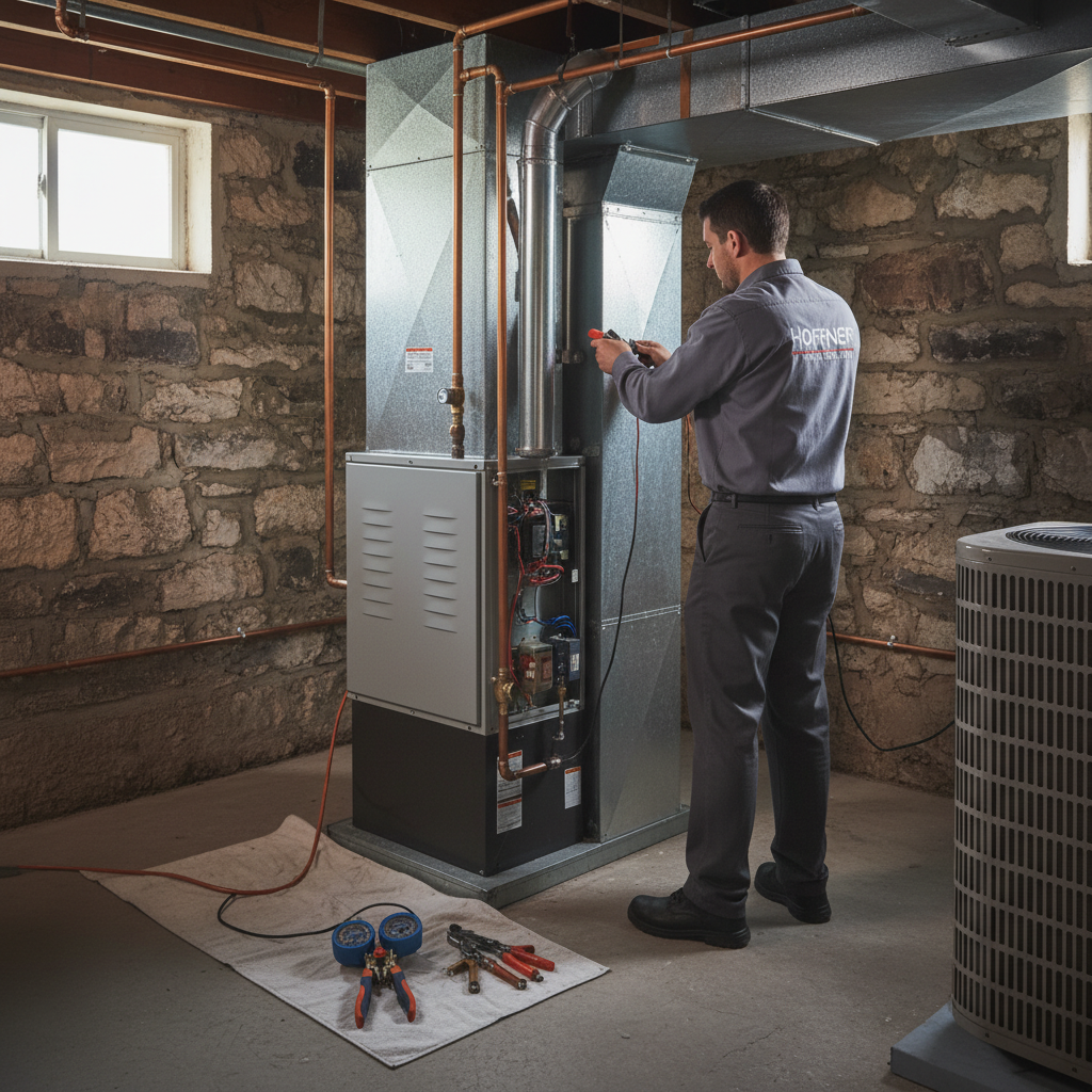 Hoffner Heating and Air technician repairing a furnace in a Monroeville, Western Pennsylvania home.