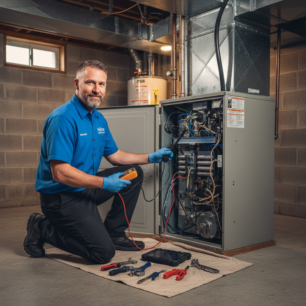 Hoffner Heating and Air technician repairing a furnace in a Western Pennsylvania basement.