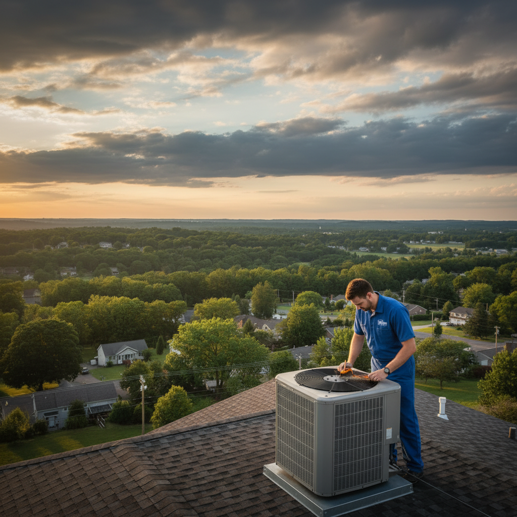 Hoffner Heating and Air technician repairing a residential AC unit in Monroeville, Western Pennsylvania.