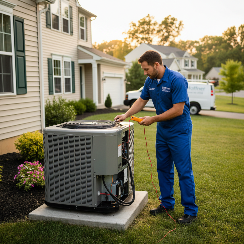 Hoffner Heating and Air technician repairing a residential air conditioning unit in Monroeville, Western Pennsylvania.