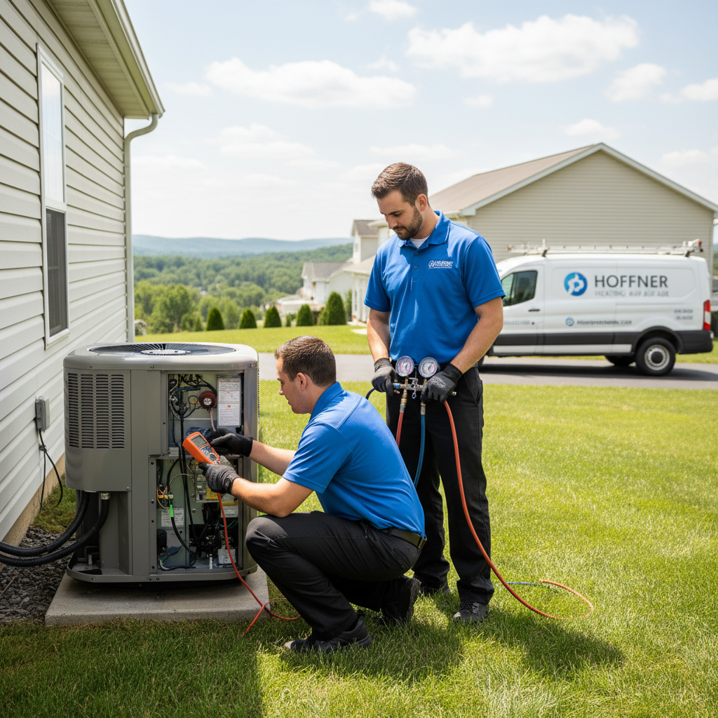 Hoffner Heating and Air technician repairing a residential air conditioner in Pitcairn, PA.
