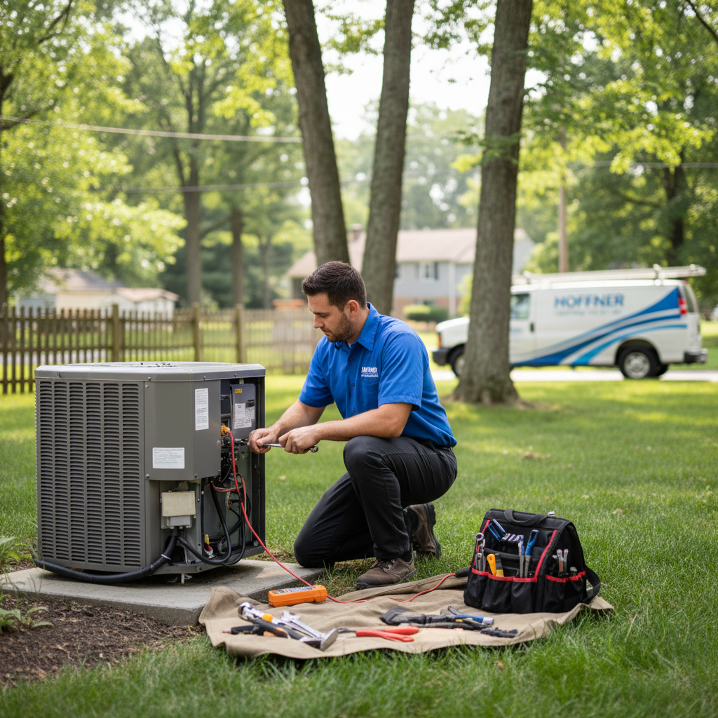 Hoffner Heating and Air technician repairing an outdoor AC unit in Murrysville, Western Pennsylvania.