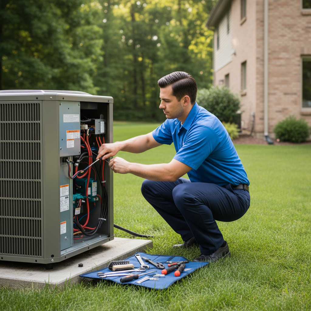 Hoffner Heating and Air technician repairing an outdoor HVAC unit in Murrysville, Western Pennsylvania.